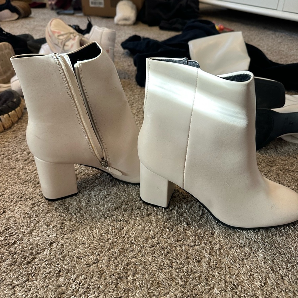 SHEIN White Faux Leather Block Heel Ankle Boots